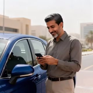 Man standing next to a car using a phone, representing a Mal Bazaar customer